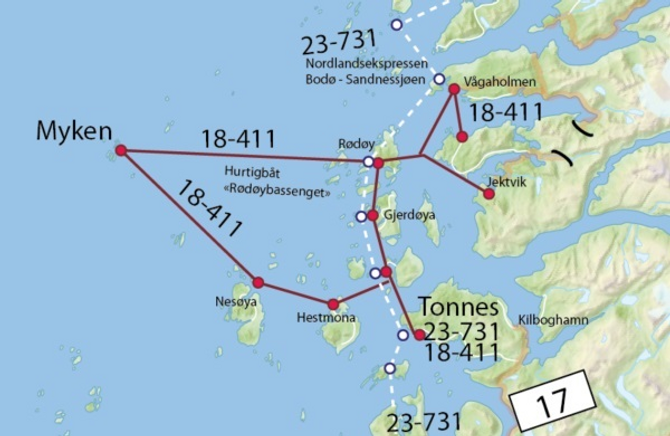 Kart - hvordan komme med rutegående båt til Myken